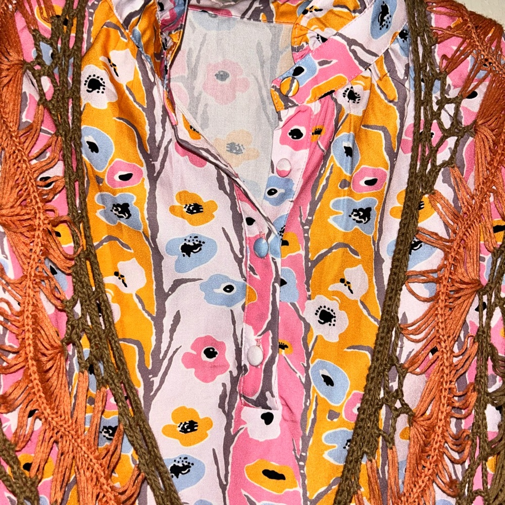 🩷🧡2X Floral Blouse with Boho Vintage Fringe Vest - Picture 10 of 16